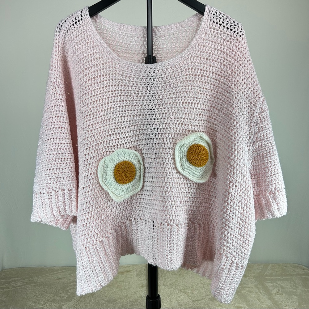 Handmade Crochet Pink Fried Egg Sweater Poncho OS